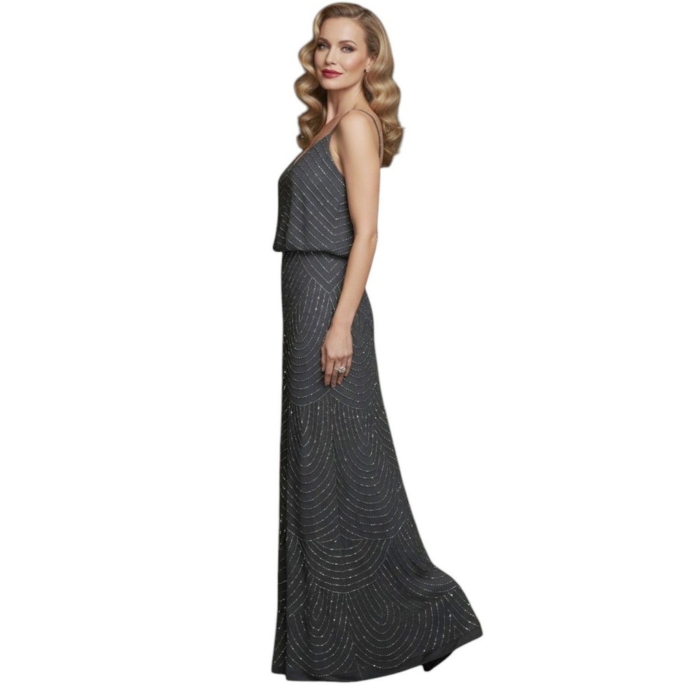 Adrianna Papell Gray Beaded Maxi Dress Gown Art Deco Formal Prom 12 Petite FLAW